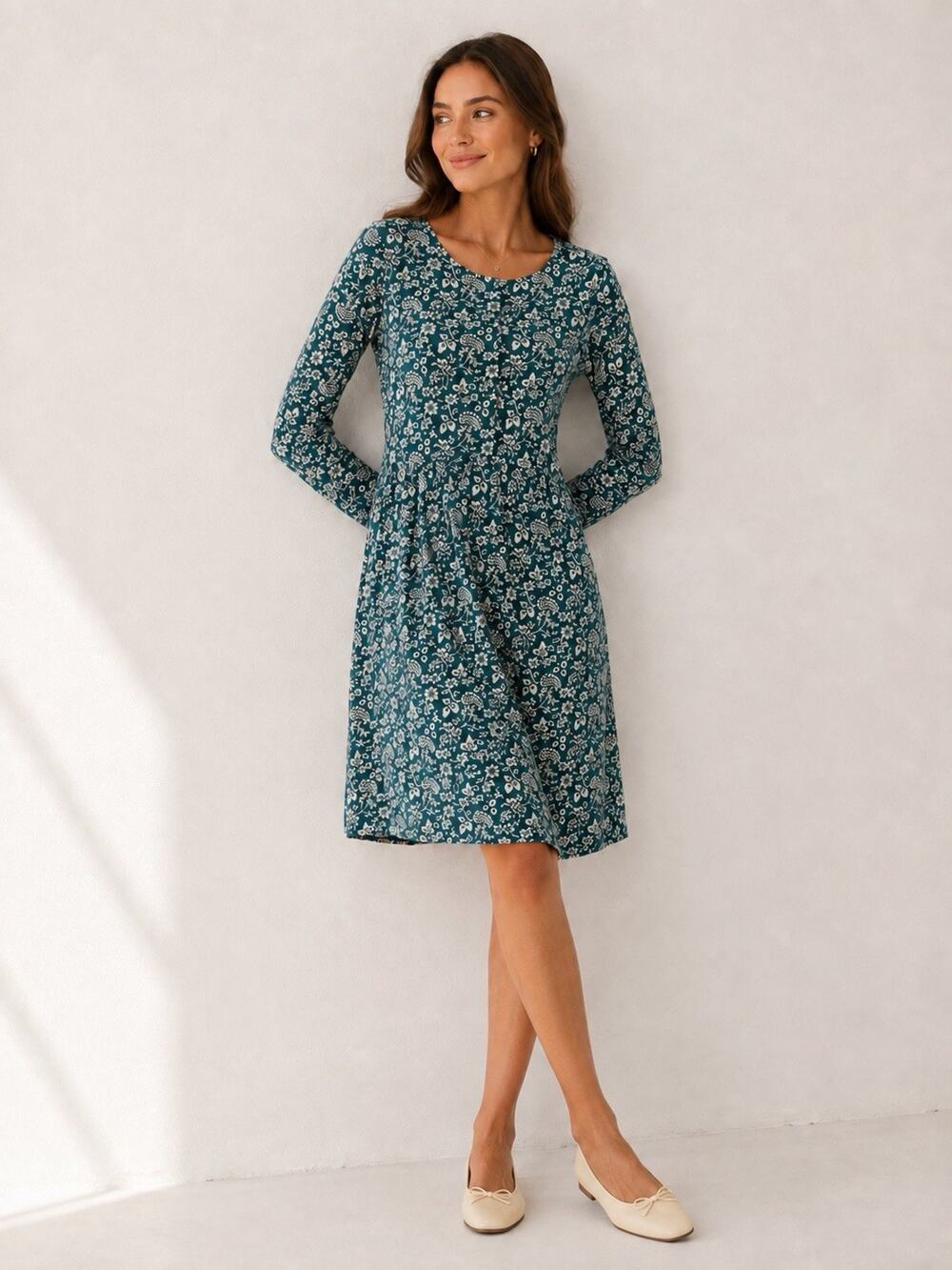 FatFace Dress US 2 Teal Green Floral Paisley 3/4 Sleeve A Line Boho UK 6 Prairie